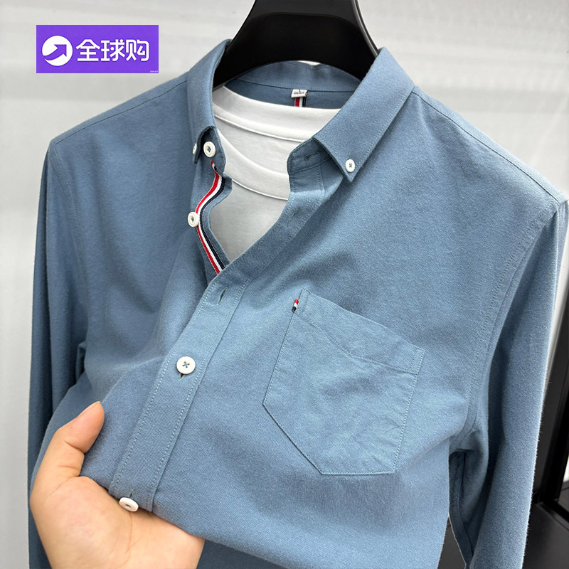 Tommy Brand Oxford Thickened Pure Cotton Shirt for Men, Long-Sleeve, Spring and Autumn, Solid Color, Casual with Pockets