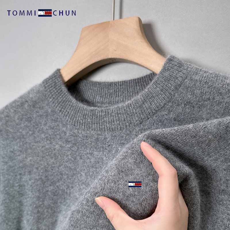 2025 Winter Tommy Wool Sweater Men's Round Neck Thick Solid Color Fashion Casual Pullover Knitwear