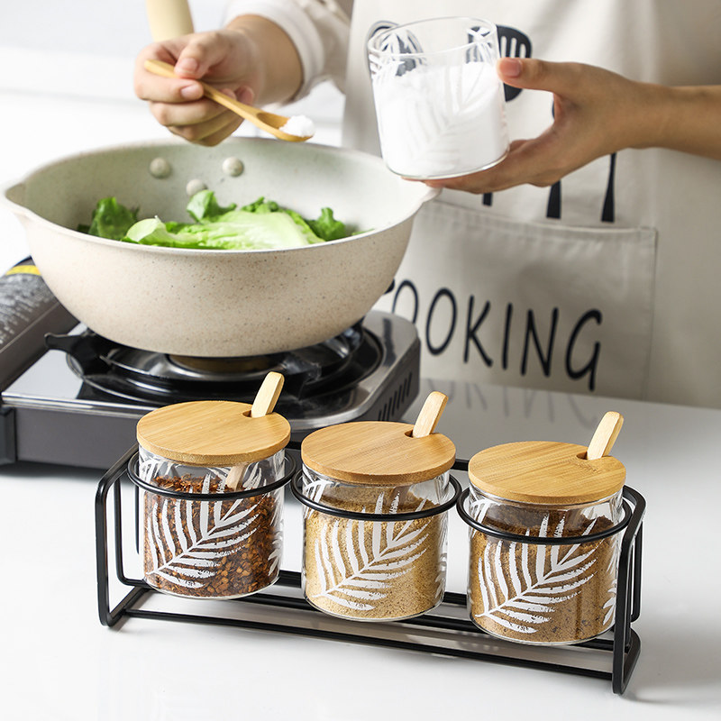 Nordic style kitchen glass seasoning jar household monosodium glutamate salt sugar jar storage box condiment box seasoning jar set combination