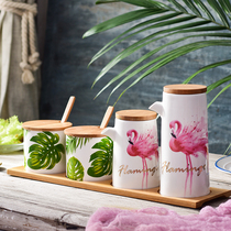 Nordic green leaf flamingo ceramic seasoning jar set Combination seasoning jar box Household kitchen oil salt jar seasoning bottle