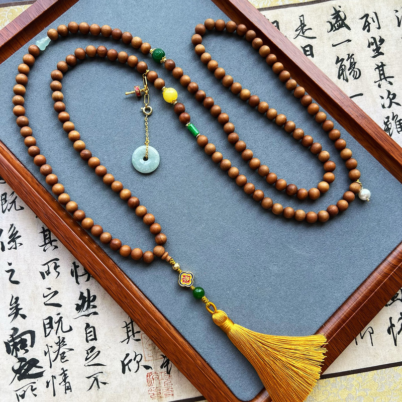 Natural Laoshan Sandalwood Crossbody Chain Ancient Style Bodhi Rosary Beads Peace Buckle Long Necklace New Chinese Style Literary Back Chain