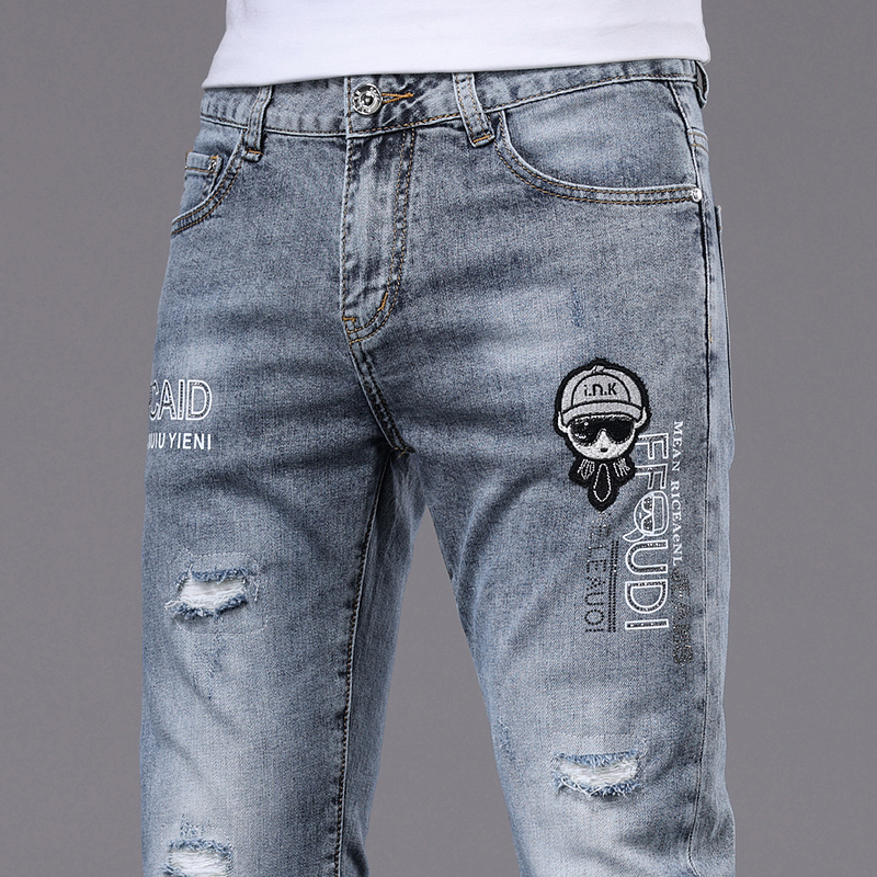 High-End Light Luxury Ripped Embroidered Jeans for Men, Trendy Brand Printed Rhinestone Slim-Fit Skinny Pants, New Summer Style