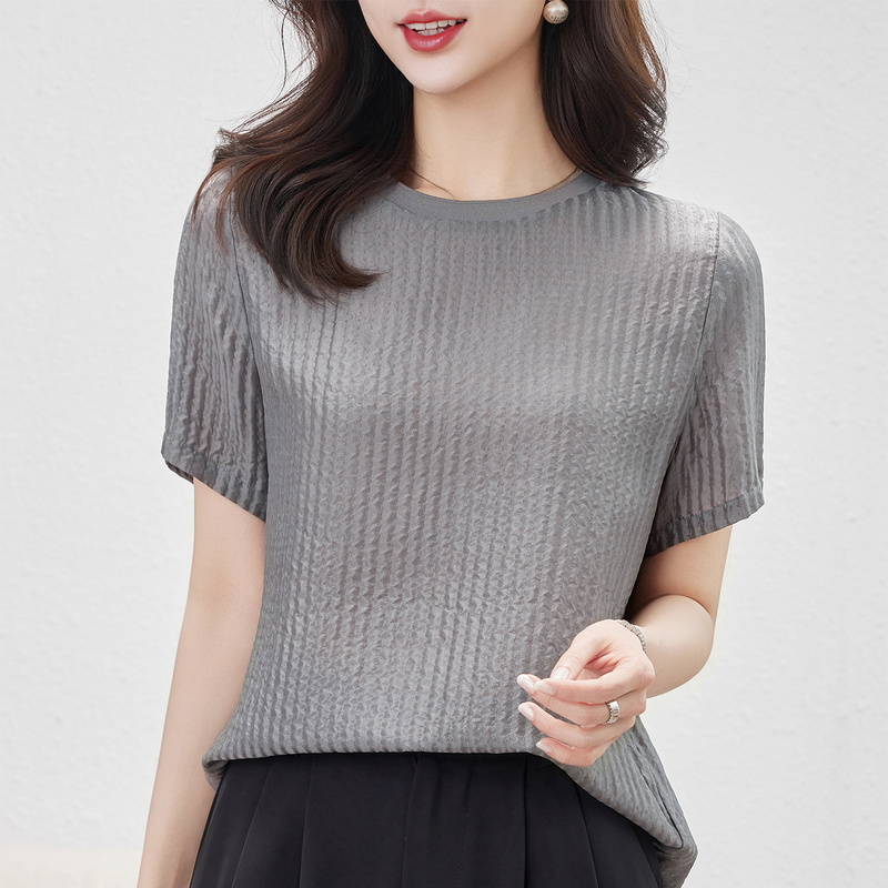 Dior Double-Layer Crepe Mulberry Silk T-Shirt for Women, Summer Short-Sleeve Round Neck, Pleated, Plus-Size, Thin Silk Top