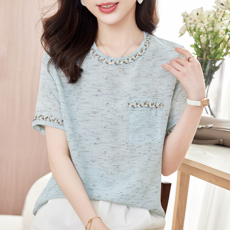 Dior Style 100% Silk T-Shirt for Women, Summer Short-Sleeve Round Neck with Lace Pockets, Gold Feather Twisted Silk Top Dior Style 100% Silk T-Shirt for Women, Summer Short-Sleeve Round Neck with Lace Pockets, Gold Feather Twisted Silk Top