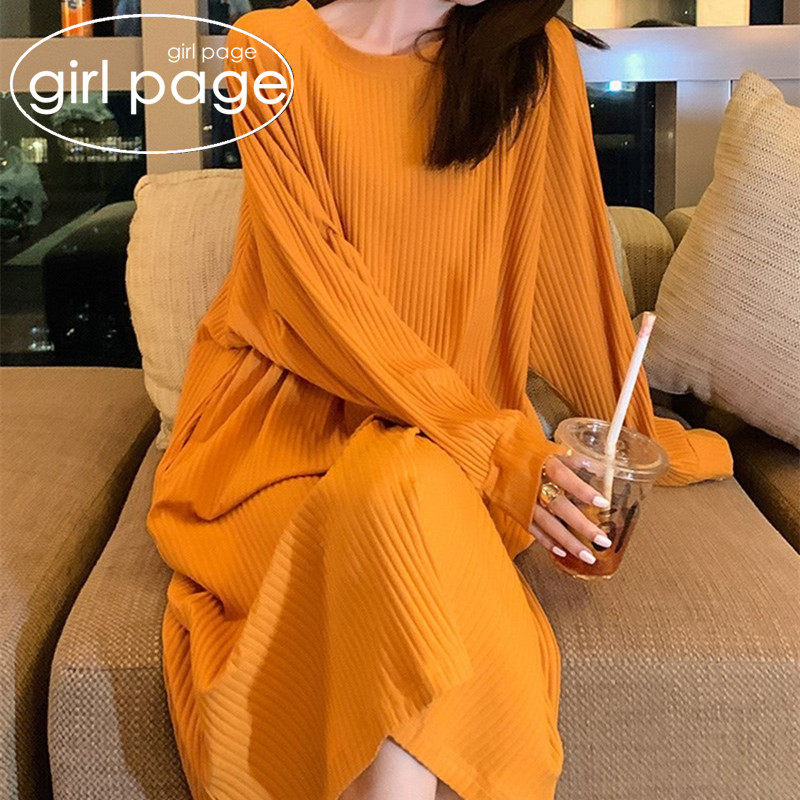 Japanese GP Pure Cotton Long Sleeve Sleeping Skirt Woman Spring Autumn Winter Korean Version of the Long version of the long version Pure Color Loose Sleepwear