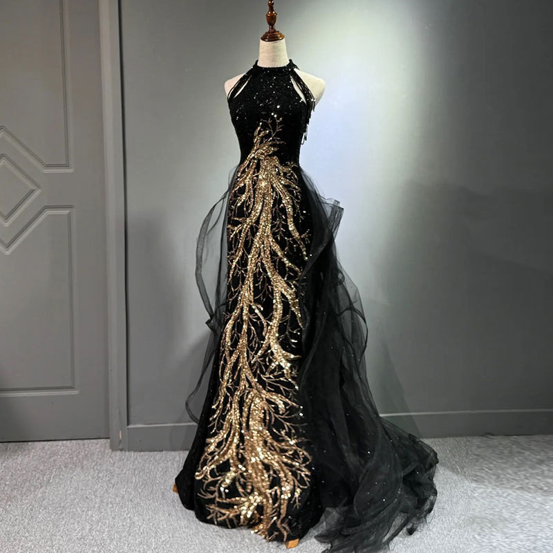 Black Evening Dress for Women, High-End Wedding Toast Dress, Slim-Fitting, Elegant, Socialite Host, Halter Neck Fishtail Dress, Long Style