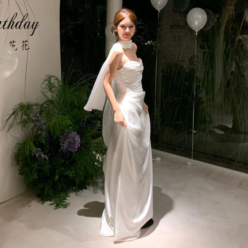 Strapless Light Wedding Dress, Elegant High-End Engagement Dress, White Fishtail Birthday Party French-Style Registration Dress Strapless Light Wedding Dress, Elegant High-End Engagement Dress, White Fishtail Birthday Party French-Style Registration Dress
