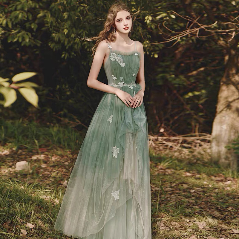 High-End Spaghetti Strap Toast Dress, Ultra-Fairy Green Performance Host Dress, Puffy Tulle Birthday Party Adult Ceremony Dress