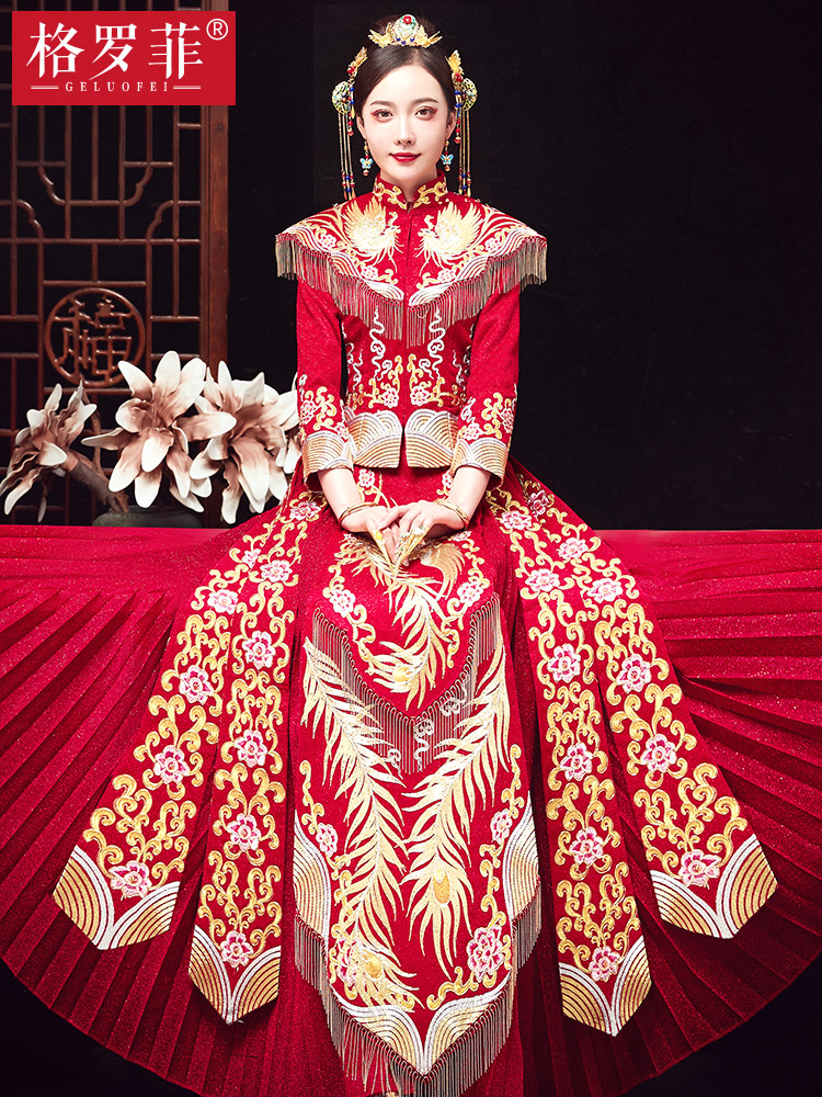 Xiuhe dress bride 2020 new autumn and winter wedding toast Xiuhe dress large size Chinese style show kimono dress slim Xiuhe