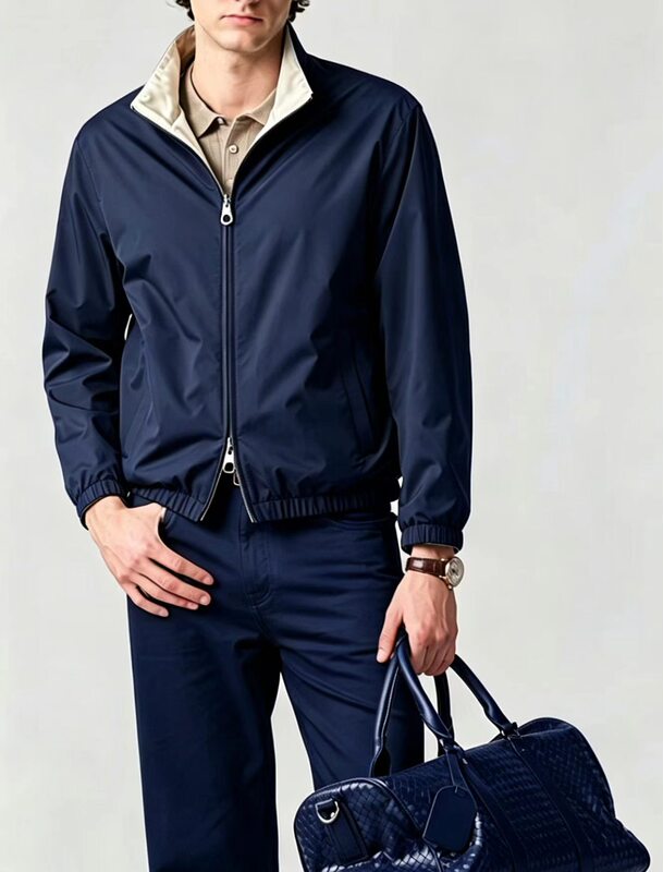 2026 Autumn New Style Cool Jacket Windproof and Waterproof Fabric Old Money Style Men's Slim Fit Stand Collar Reversible Jacket 2026 Autumn New Style Cool Jacket Windproof and Waterproof Fabric Old Money Style Men's Slim Fit Stand Collar Reversible Jacket
