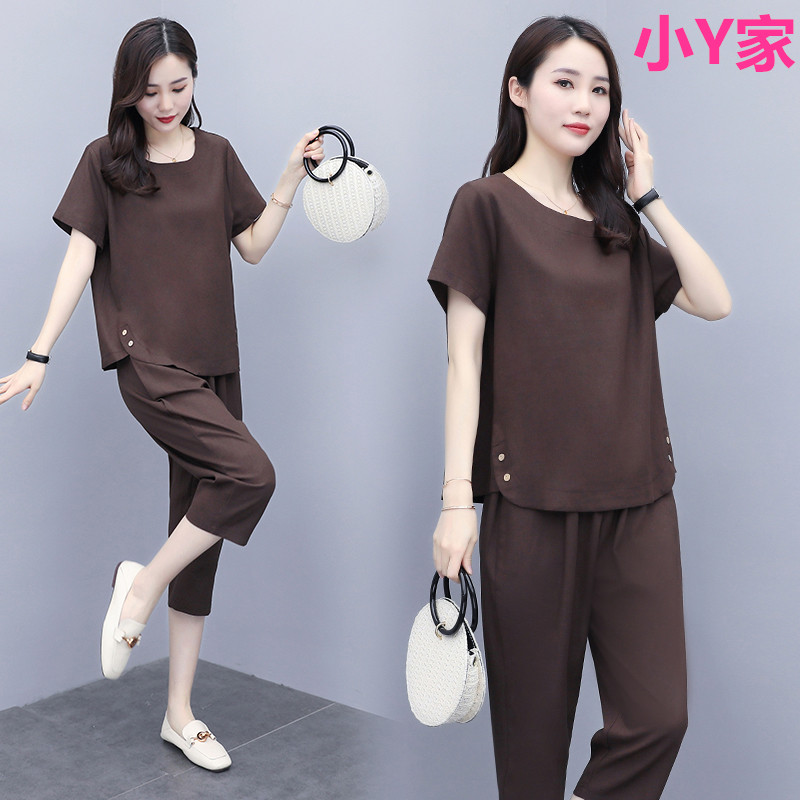 Pure cotton big size suit Women Summer Fashion Mom dress casual Fat mm loose Thin Foreign Pie 7 Pants Two Sets
