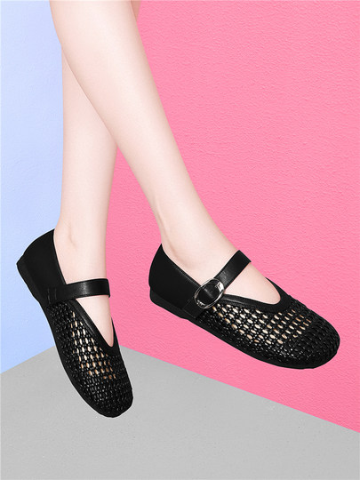 Retro Woven Silver Mary Jane Shoes for Women 2026 Spring New Style One-Line Strap Cut Out Flats Flats Ballet Shoes