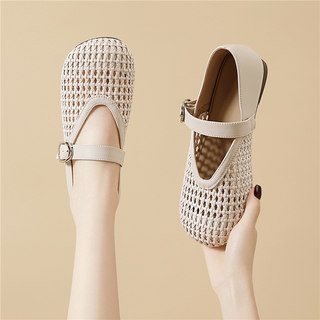 Retro Woven Silver Mary Jane Shoes for Women 2026 Spring New Style One-Line Strap Cut Out Flats Flats Ballet Shoes