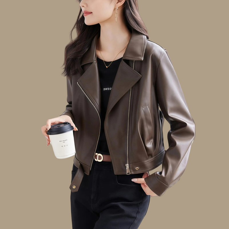 2026 New Haining Genuine Leather Jacket for Women, Short Style, Fashionable Korean Version, High-End Popular Sheepskin Motorcycle Jacket