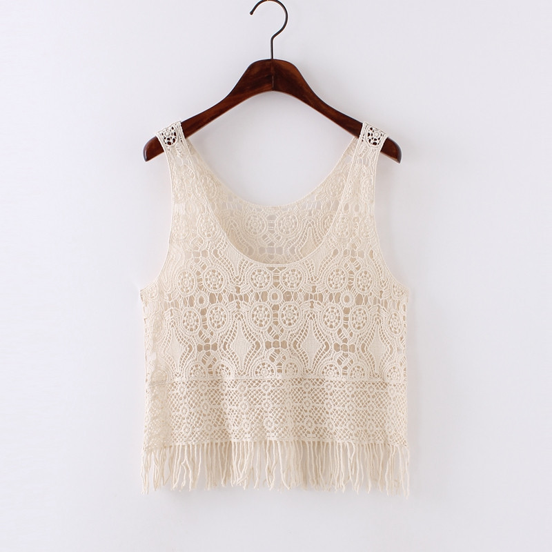Tassel Women's Top, Summer Lace Shirt, Short Sleeveless Cover-Up, Knitted Crochet Outerwear, Camisole with Hollow-Out Design Tassel Women's Top, Summer Lace Shirt, Short Sleeveless Cover-Up, Knitted Crochet Outerwear, Camisole with Hollow-Out Design