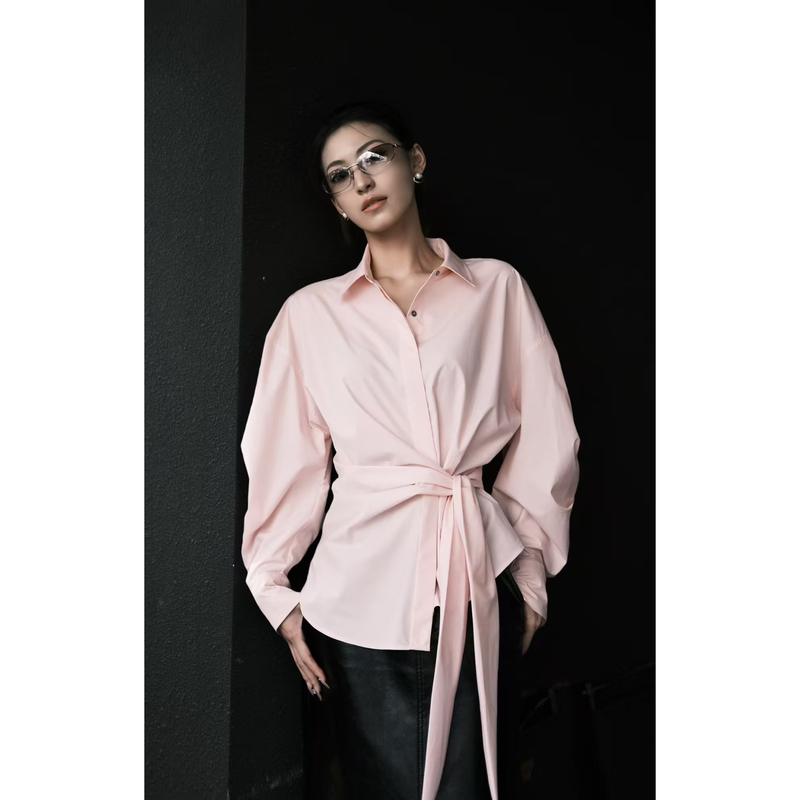 Spring High-End Fashionable Niche Combed Cotton Lace-Up Wrap Waist Top with Metal Ring Shirt Jacket for Women