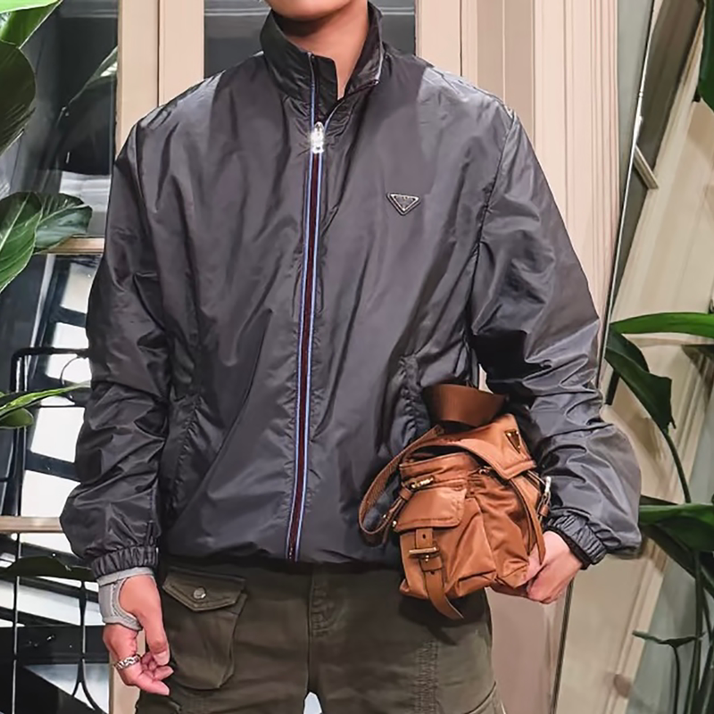 Wcmkfy Metal Triangle Logo Stand Collar All-Season Slim-Fit Short Nylon Jacket Thin Style Unisex