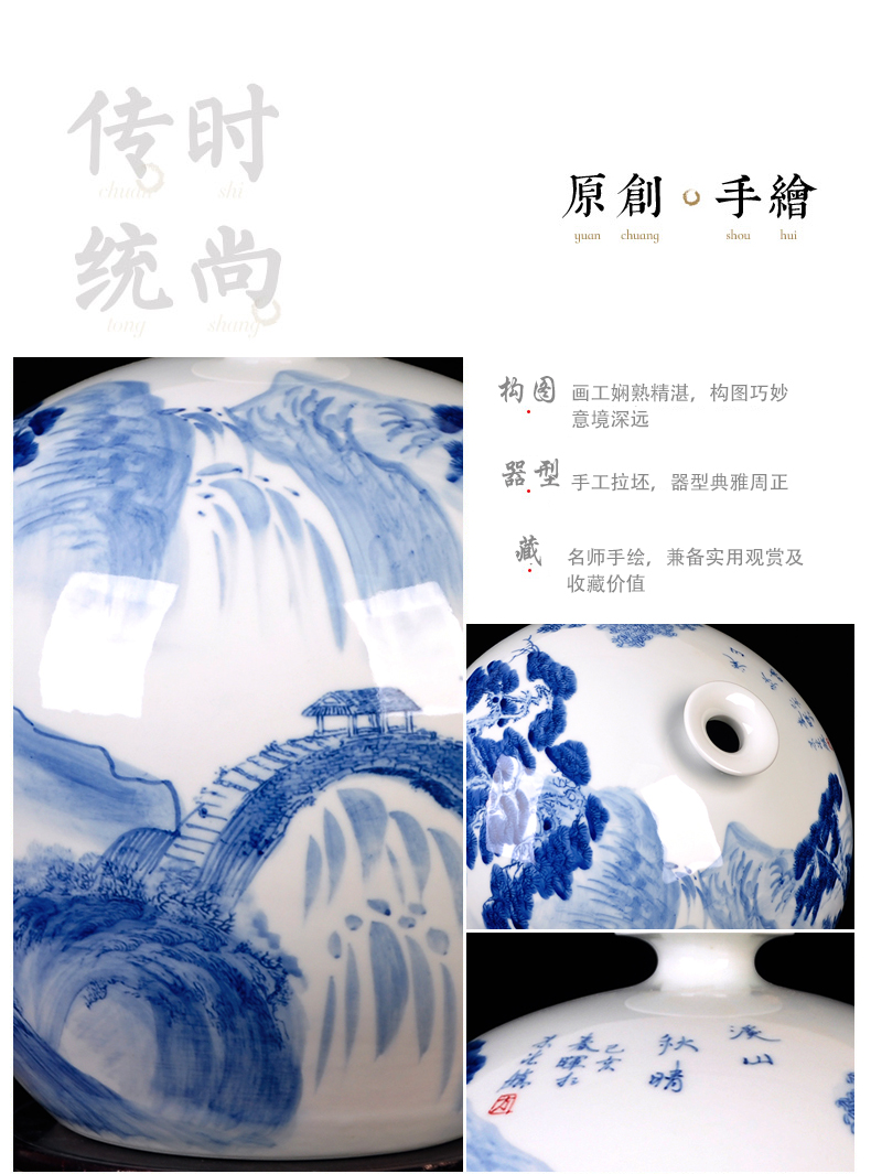 Jingdezhen blue and white ceramics hand - made of new Chinese style living room home TV ark adornment vase furnishing articles set arranging flowers