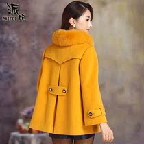 Fox fur collar wool coat women autumn and winter double breasted caravan without cashmere woolen coat size clearance