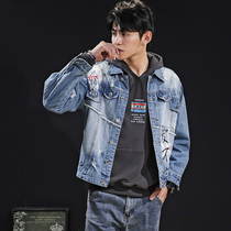 Spring light-colored vintage denim jacket jacket mens hole printed stitching denim suit Andy Lau with the same clothes