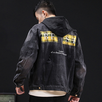 Spring denim coat mens tide loose retro hole top print hooded tooling jacket jacket mens Tide brand plus size