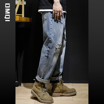 Spring High-end Pure Cotton Washed American Casual Breaking Hole Jeans Male Tide Cards Loose Big Code Fat Sub Straight Barrel Pants