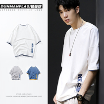 Fake two pieces of cotton white short sleeve T-shirt men loose tide ins trend Joker half sleeve size fat man plus fat