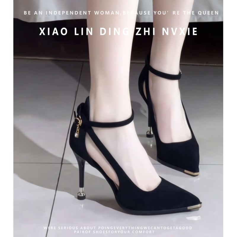 Suede Black High-Heeled Shoes for Women, Coming-Of-Age Ceremony, High-End Pointed-Toe Elegant Single Shoes, Design-Inspired Metallic Professional Work Shoes Suede Black High-Heeled Shoes for Women, Coming-Of-Age Ceremony, High-End Pointed-Toe Elegant Single Shoes, Design-Inspired Metallic Professional Work Shoes