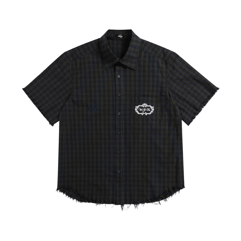 Juicy Plaid Distressed Short-Sleeve Shirt with Tassel Embroidery