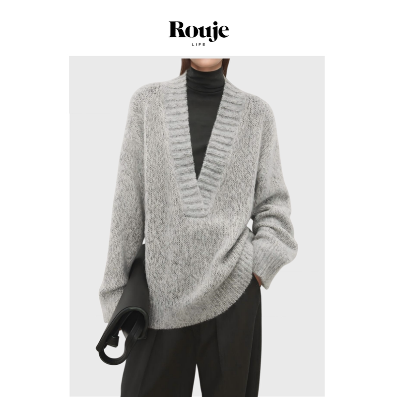[in Stock] Rouje Life Lyocell Wool Marble Pattern Interwoven Yarn Vintage Chunky Knit V-Neck Sweater