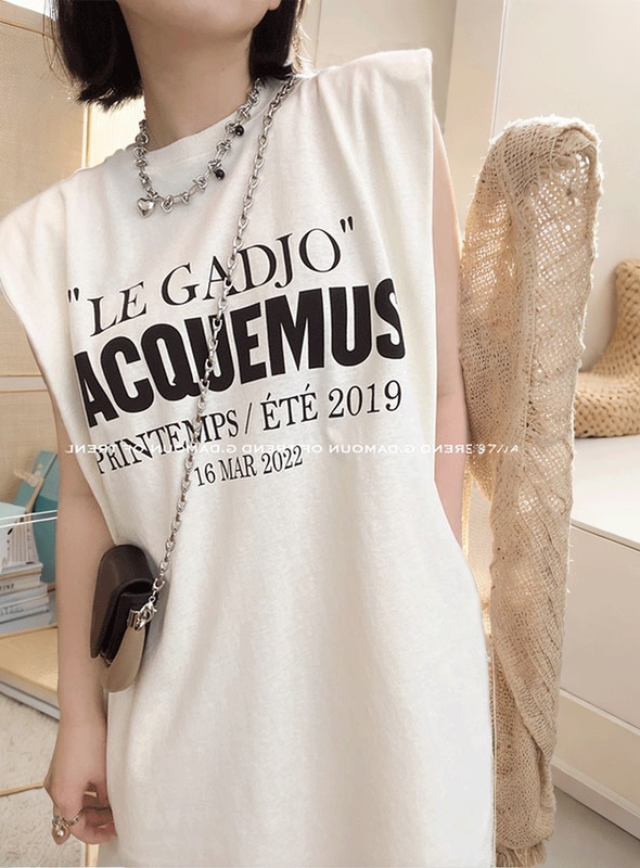 T-Shirt Dress for Women, Summer, Shoulder Pads, Loose, Casual Dress, Mid-Length Lazy Dress, Letter Print, Sleeveless Tank Dress