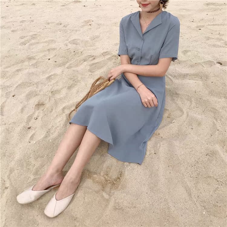 Mùa xuân mới của phụ nữ retro bến cảng khí chất voan eo thon dài phần Một từ lớn swing váy ngắn tay - A-Line Váy váy chữ a đẹp
