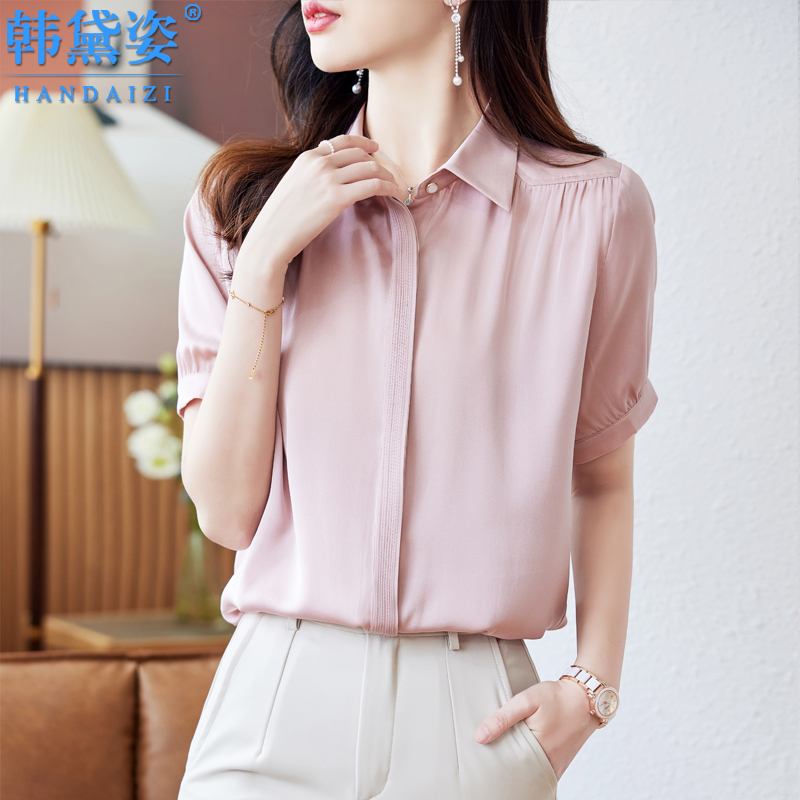 Fashionable Big-Name Heavy Silk Shirt for Women, Short-Sleeved 2026 New Style, Elegant and Slimming Mulberry Silk Top, Solid Color Shirt Fashionable Big-Name Heavy Silk Shirt for Women, Short-Sleeved 2026 New Style, Elegant and Slimming Mulberry Silk Top, Solid Color Shirt