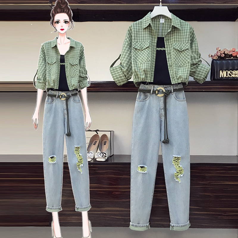 Slightly fatter wearing a lap 2022 Early spring new large size women's dress Fat sister foreign shirt Jeans Slim Fit Three suits