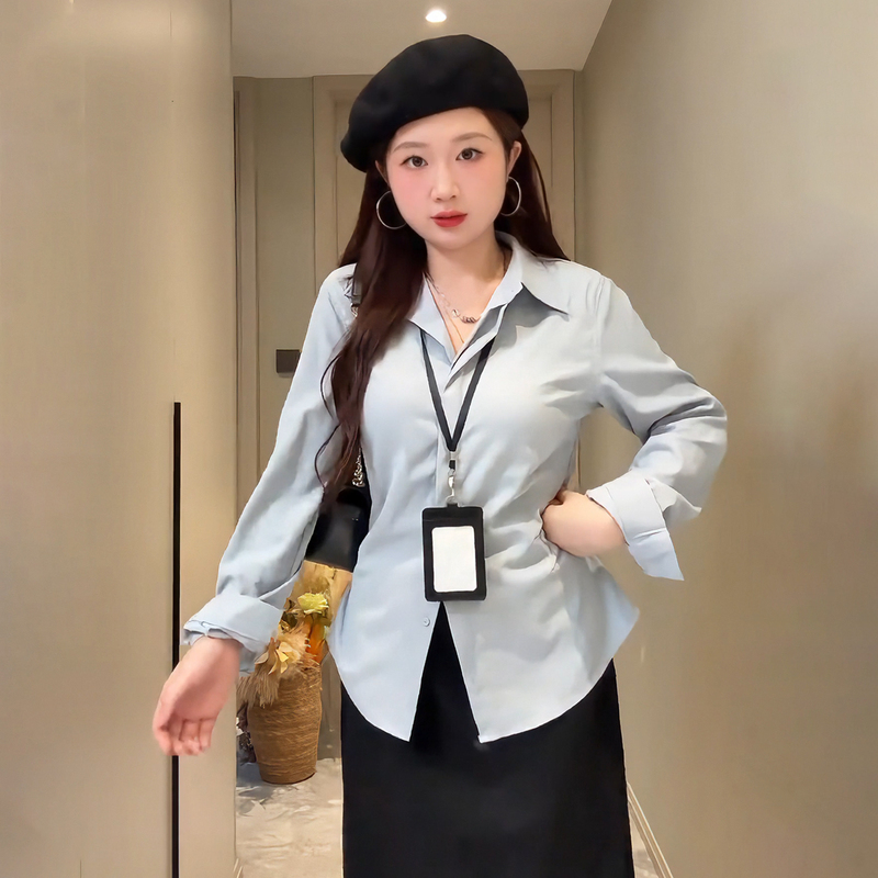 Plus Size Korean Style Regular Shoulder Polo Collar Waist-Cinching Long-Sleeve Shirt Women's Design Slimming Shirt Spring Top