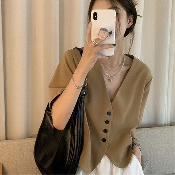 Large size short shirt female ins retro niche v-neck thin section short-sleeved suit jacket summer fat MM fried street jacket