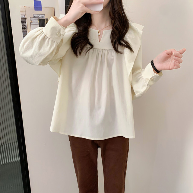 Plus-size women's clothing 2023 autumn fat MM Korean style gentle wind cover belly slim long-sleeved shirt ruffled chic top