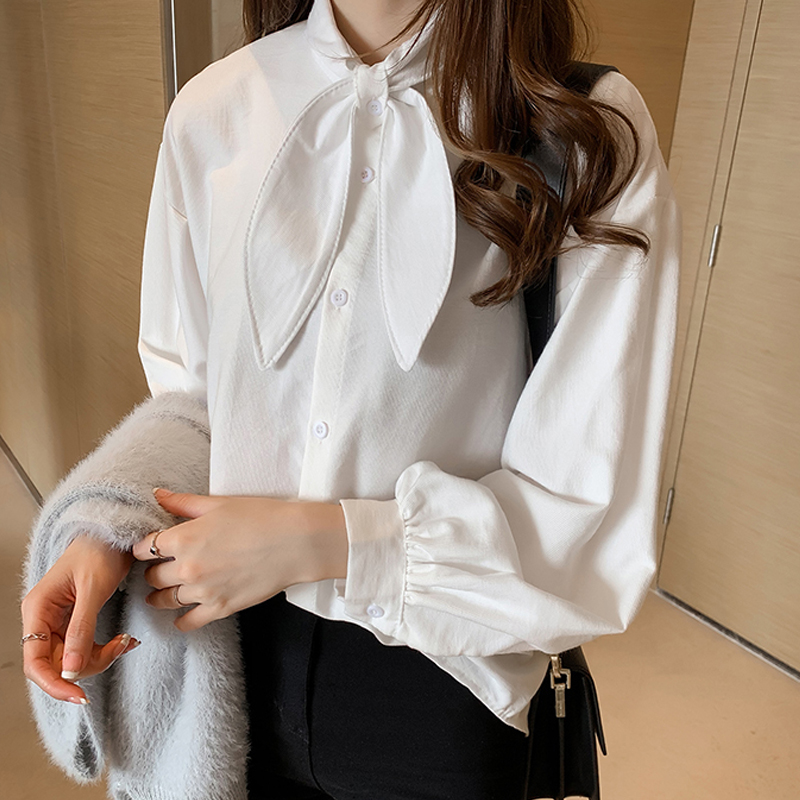 White shirt women's long-sleeved 2022 autumn new fat mm loose belly cover women's large size top bow shirt trendy
