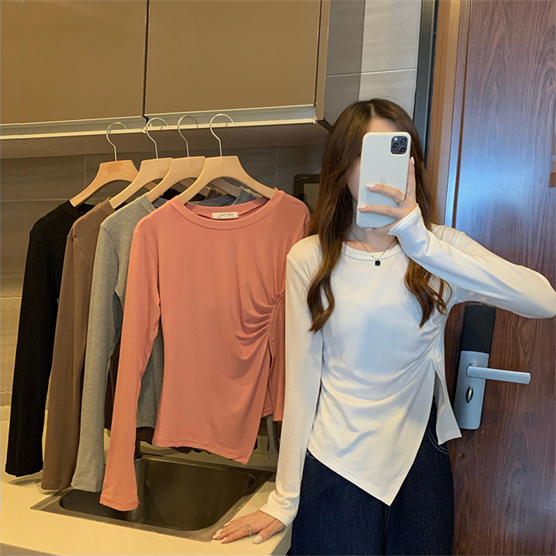 Spring and Autumn new fat mm irregular split split highlight thin top long sleeves large size T-shirt women's design sense niche leggings