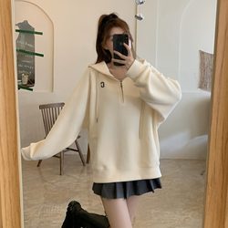 Plus-Size Autumn Korean-Style Casual Hooded Sweatshirt for Women, Fleece-Lined, Simple and Chic Long-Sleeve Top