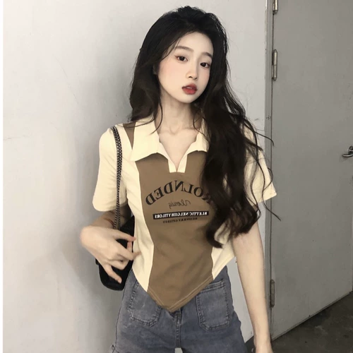 Приталенная короткая футболка с коротким рукавом, большой размер, подходит для полных девушек, воротник поло, в американском стиле