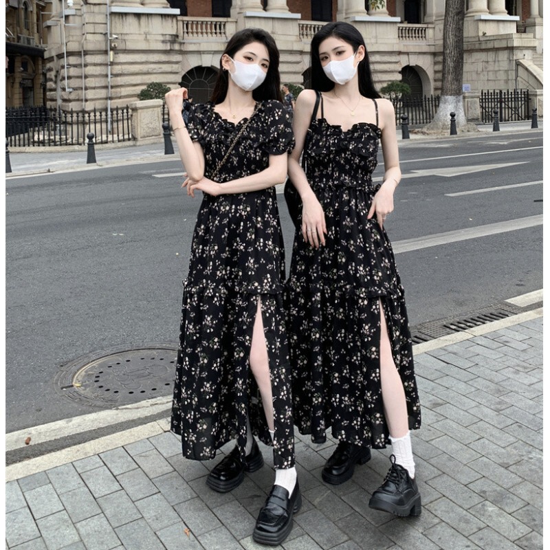 Plus Size Women's Clothing, New French Retro Short-Sleeved Camisole Floral Dress in Two Styles, Sister and Best Friend Outfits for Spring