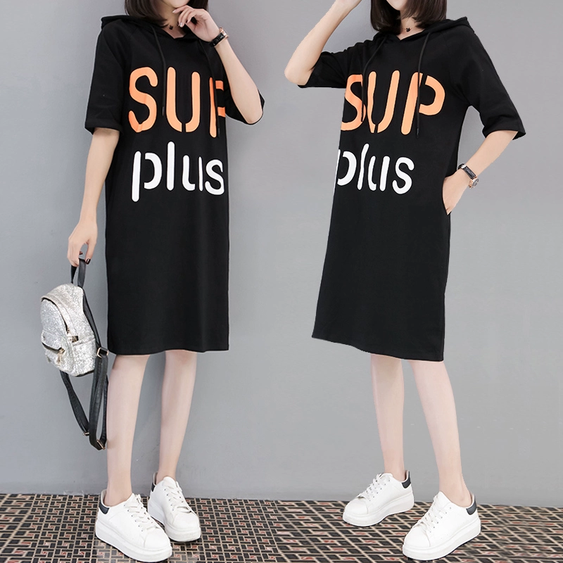 Mùa hè 2021 phiên bản Hàn Quốc mới của phụ nữ cỡ lớn váy in chữ mỏng và rộng rãi phụ nữ váy áo thun dài trung - váy đầm