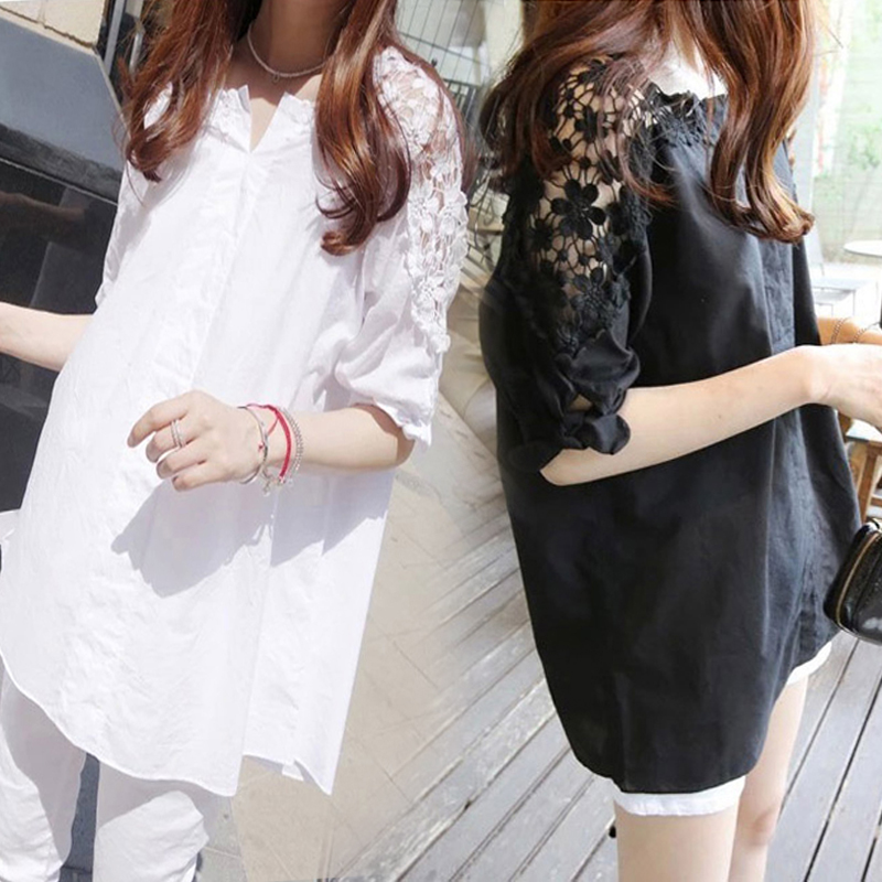2022 Korean version fat mm V-neck short-sleeved T-shirt loose and thin half-sleeved lace hollow large size women's white shirt women
