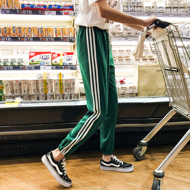 Add fat and increase women's pants summer thin section tide Korean version students loose and thin couple sports pants female 3 bar 9 points pants