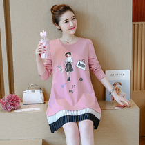 Maternity clothes spring and autumn new Korean fashion mid-length loose round neck large size sweater maternity dress tide mother