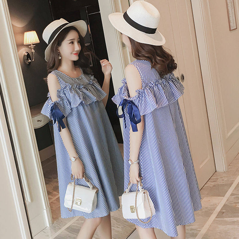 Maternity dress summer dress 2022 new trendy mom off-the-shoulder bow loose maternity dress short-sleeved top mid-length version
