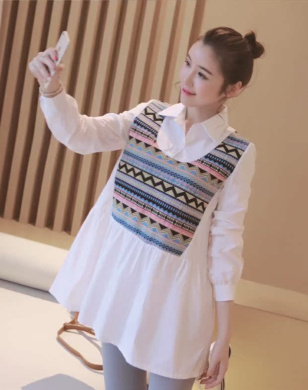 Trang phục bà bầu xuân hè 2018 phiên bản Hàn Quốc mới của gió quốc gia khâu áo bà bầu ve áo dài tay áo bà bầu đầm bầu dự tiệc