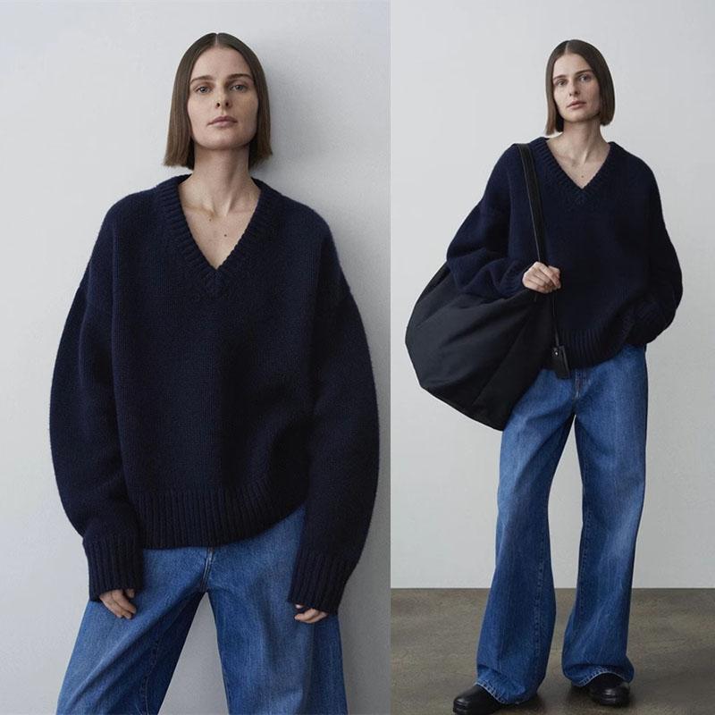 Row Style V-Neck Cashmere Sweater for Women, Loose and Lazy Style, Oversized Pullover, Thickened Sweater, Knitted Base Shirt for Women Row Style V-Neck Cashmere Sweater for Women, Loose and Lazy Style, Oversized Pullover, Thickened Sweater, Knitted Base Shirt for Women