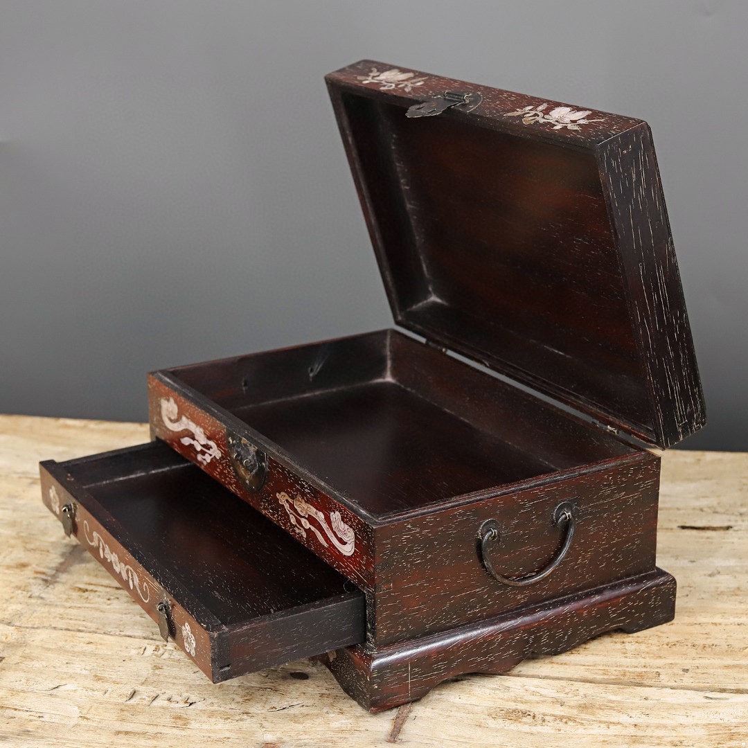 Ancient Playing Wood Carving Antique Countryside Old Goods Red Wood Inlaid Shells Flowers Birds First Accessories Box Home Old Objects Collection-Taobao